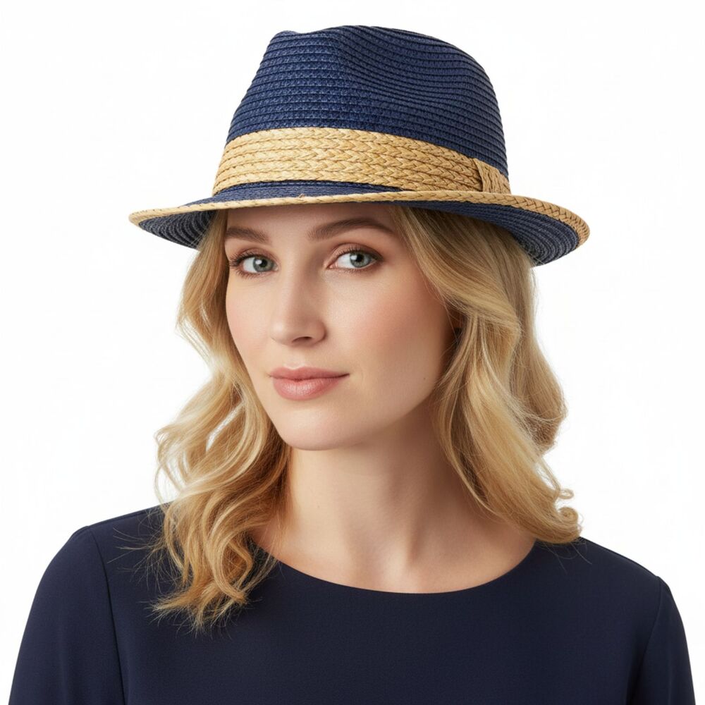 Blue & Tan Straw Brim Hat From Charming Charlie NEW